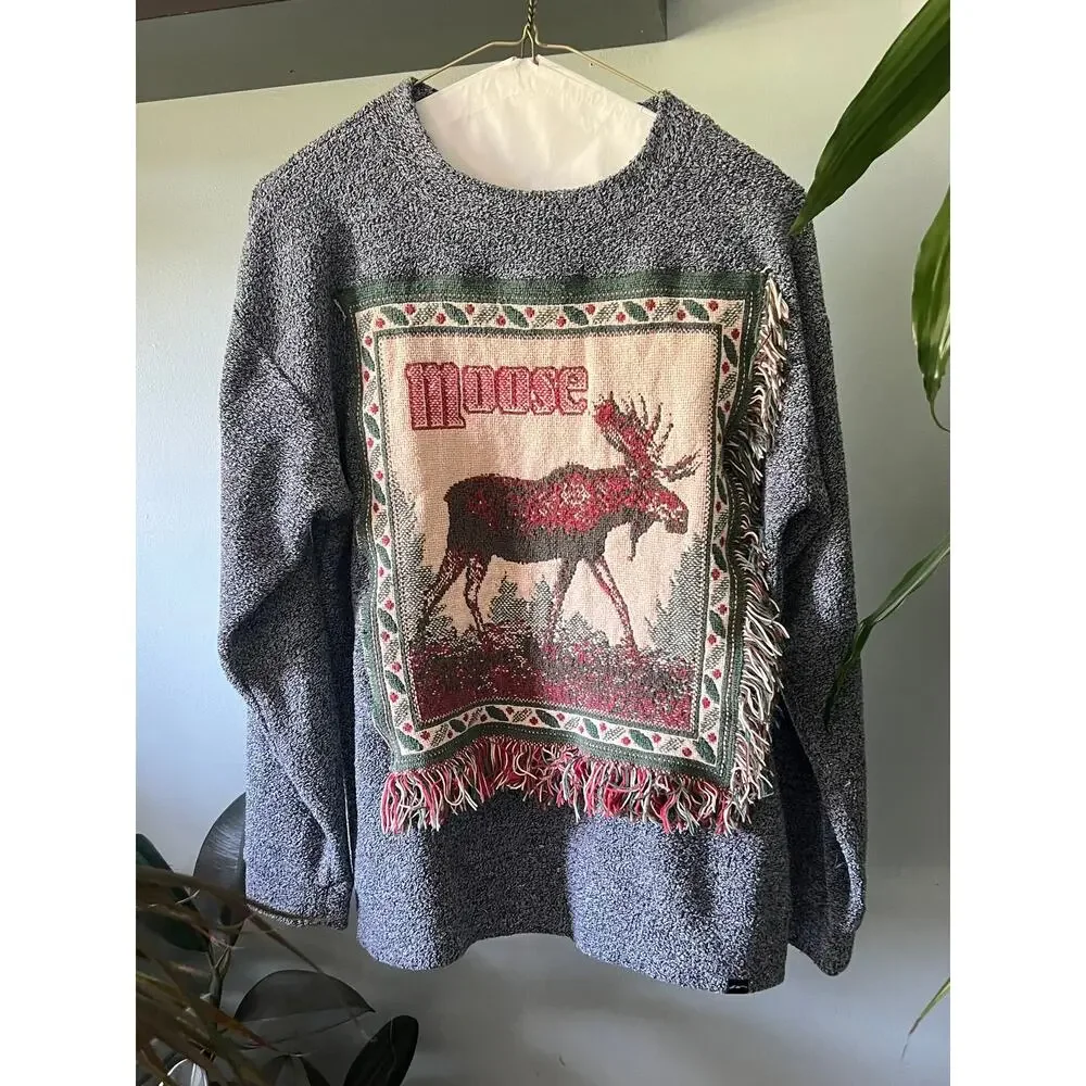 Moose tapestry crewneck sweatshirt, fringed, reworked, upcycled  sz Xl